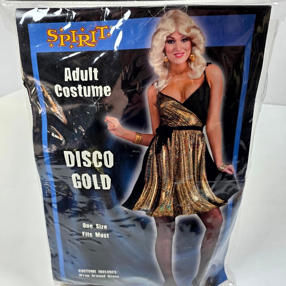 Spirit Halloween Disco Gold Costume Womens OS Gold Black Wrap Dress 70s Retro